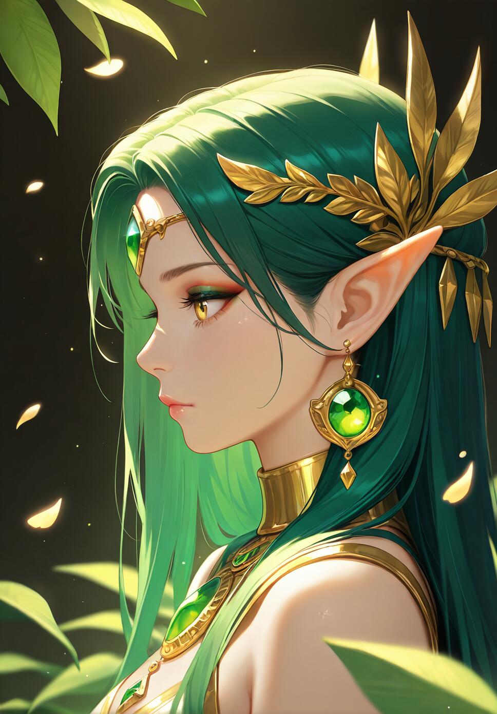 A realistic profile shot of a beautiful elf with green hair, pointed ears, and yellow eyes, adorned with gold and green gemstones.