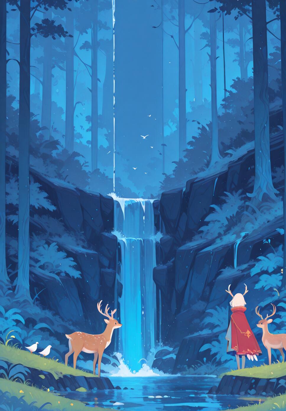 A low-polygon vector illustration of a girl with antlers and a red cape standing in a blue-themed forest near a waterfall with deer and birds.