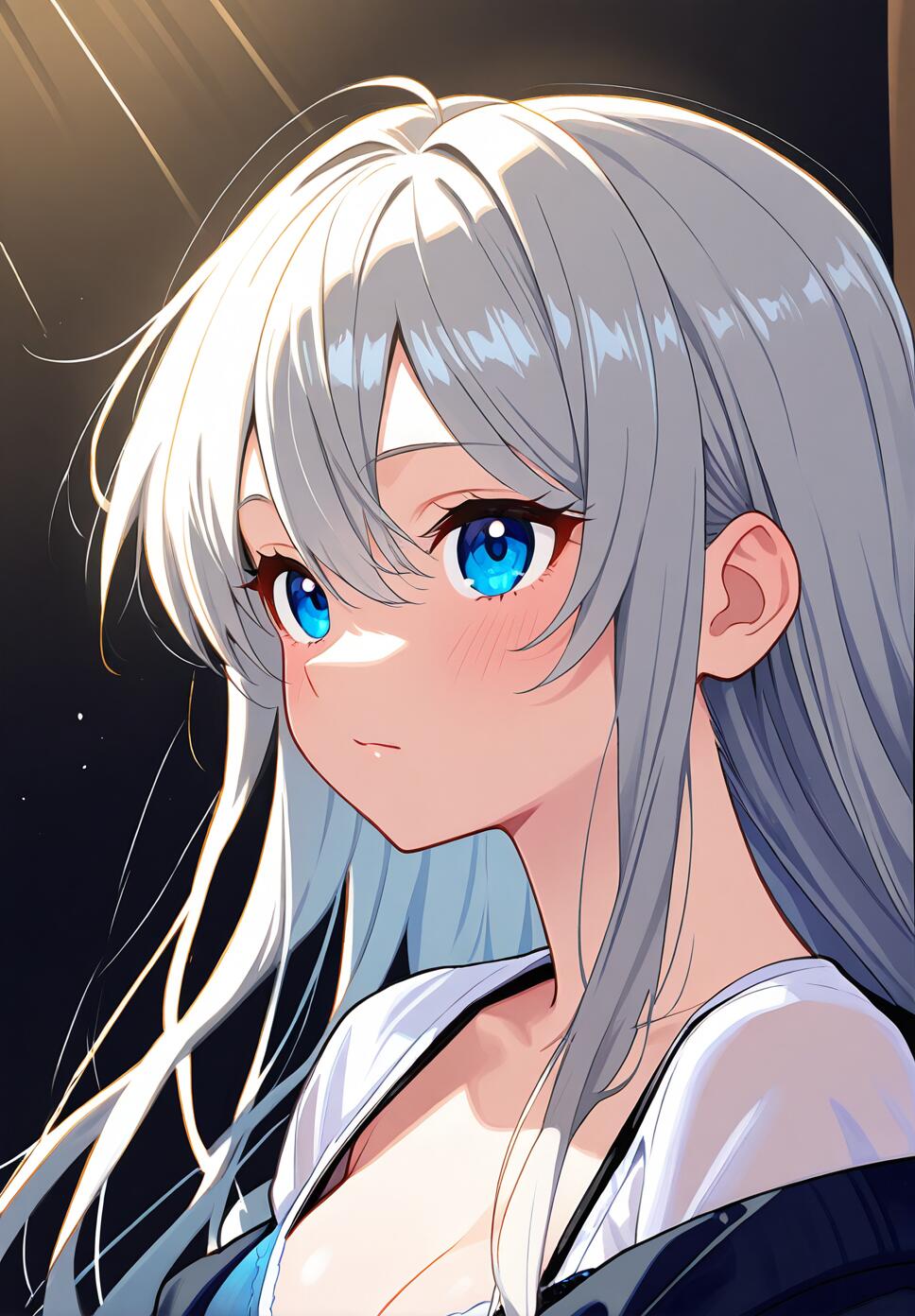 A sharp, detailed close-up portrait of a character with piercing, beautiful eyes under dramatic, high-contrast lighting in a dystopian setting.