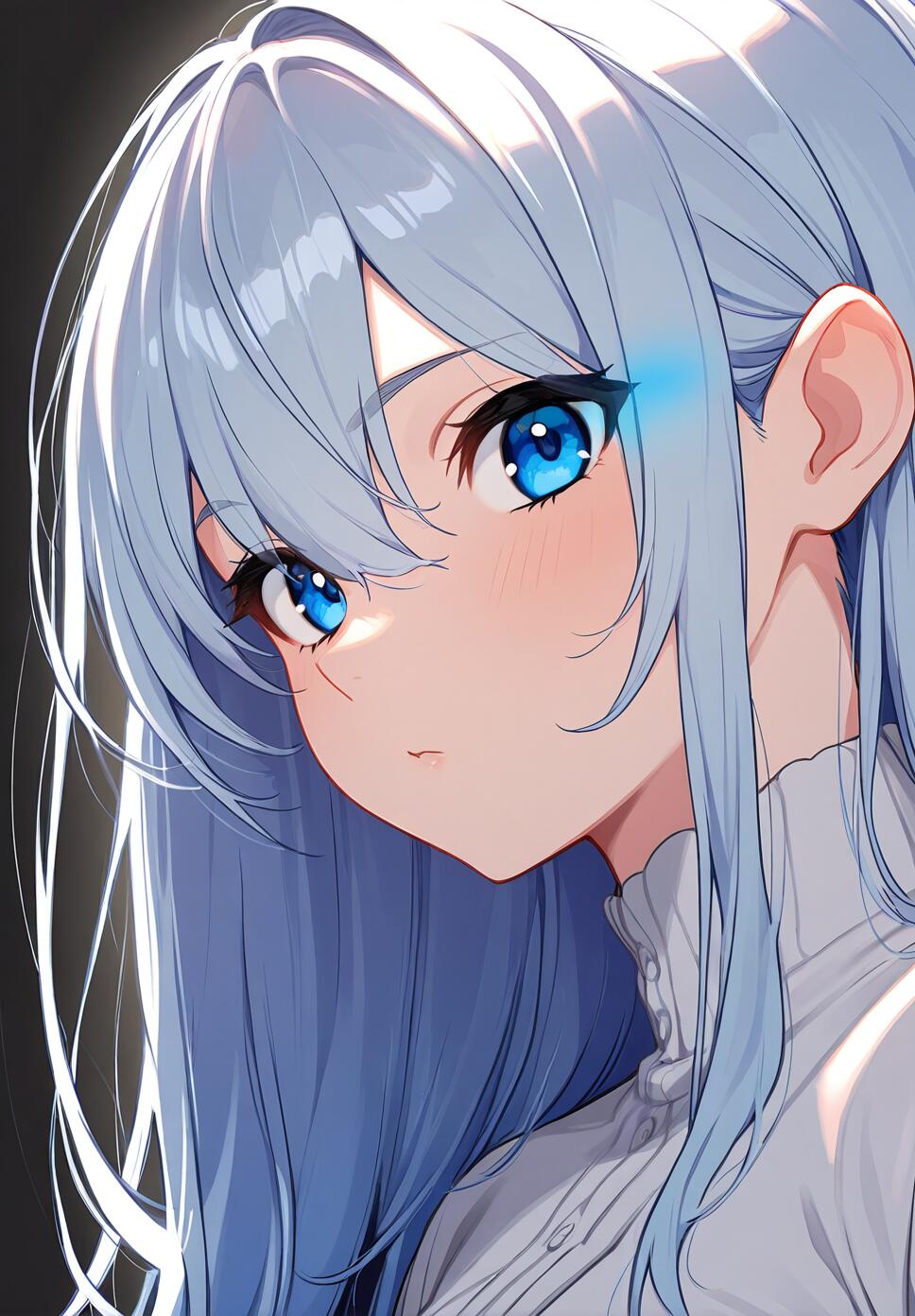 A close-up, high-resolution portrait of a character with striking, detailed eyes and dramatic, cinematic lighting in a dystopian setting.