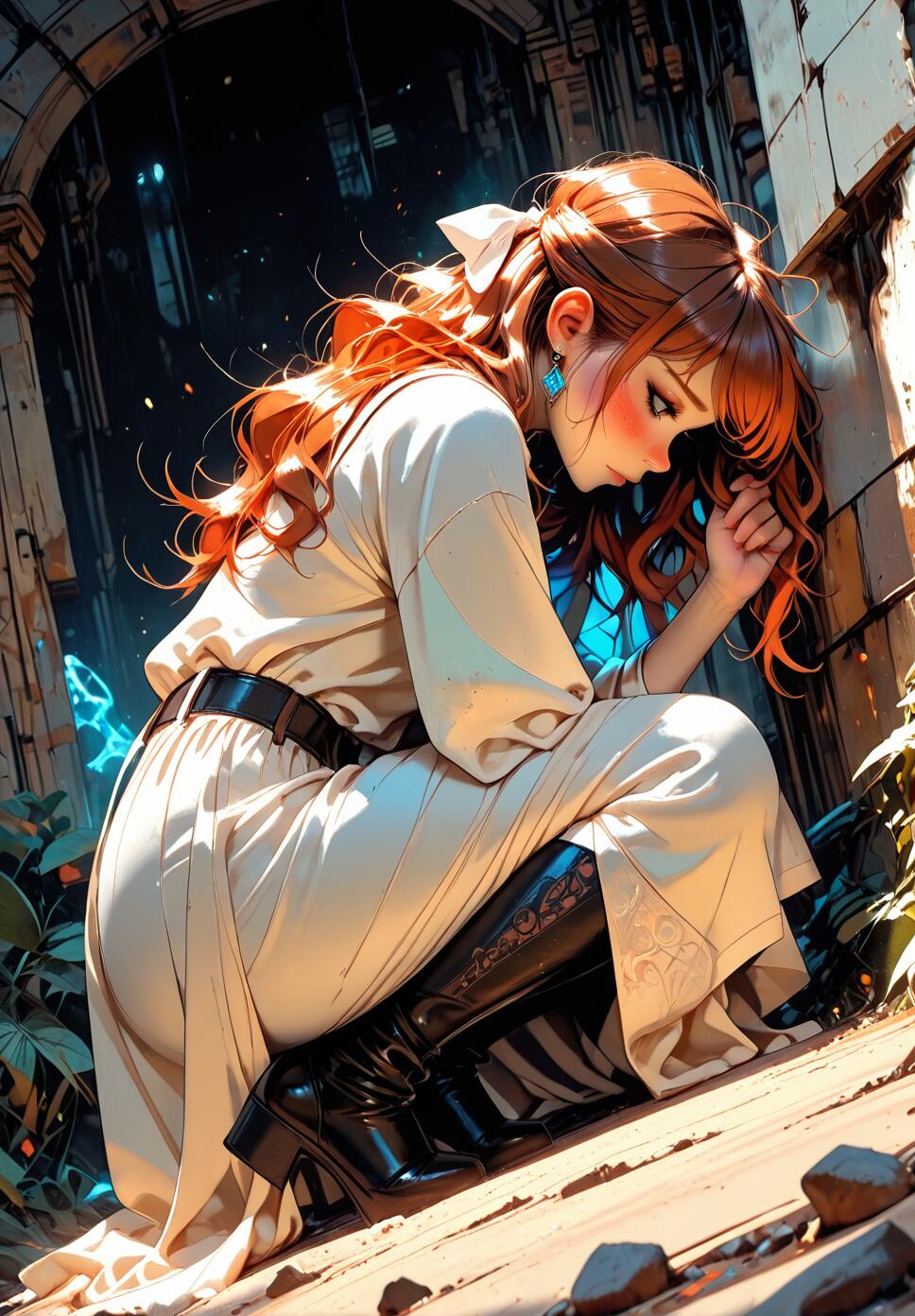 Side profile of a woman with long ginger hair and freckles, hiding her face in her sleeves against an abstract background with particle effects.