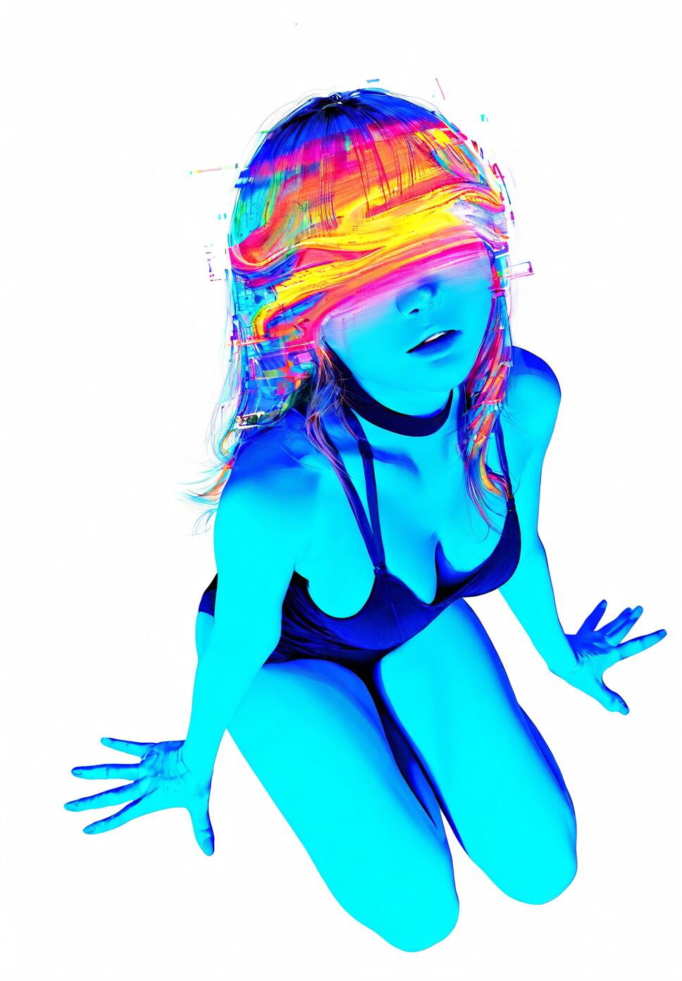 High-angle portrait of a blonde woman with digital glitch effects over her eyes, featuring a teal and orange color palette and holographic graphics.