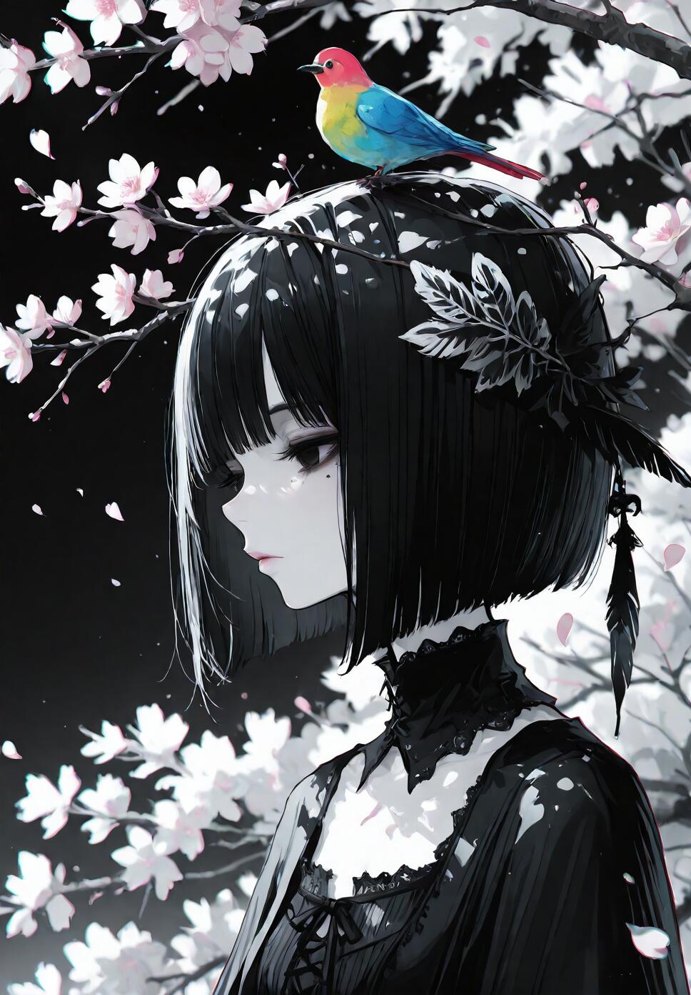 A profile view of a girl with black bob hair, a mole under her eye, and a bird's nest on her head, surrounded by cherry blossoms and a colorful bird.