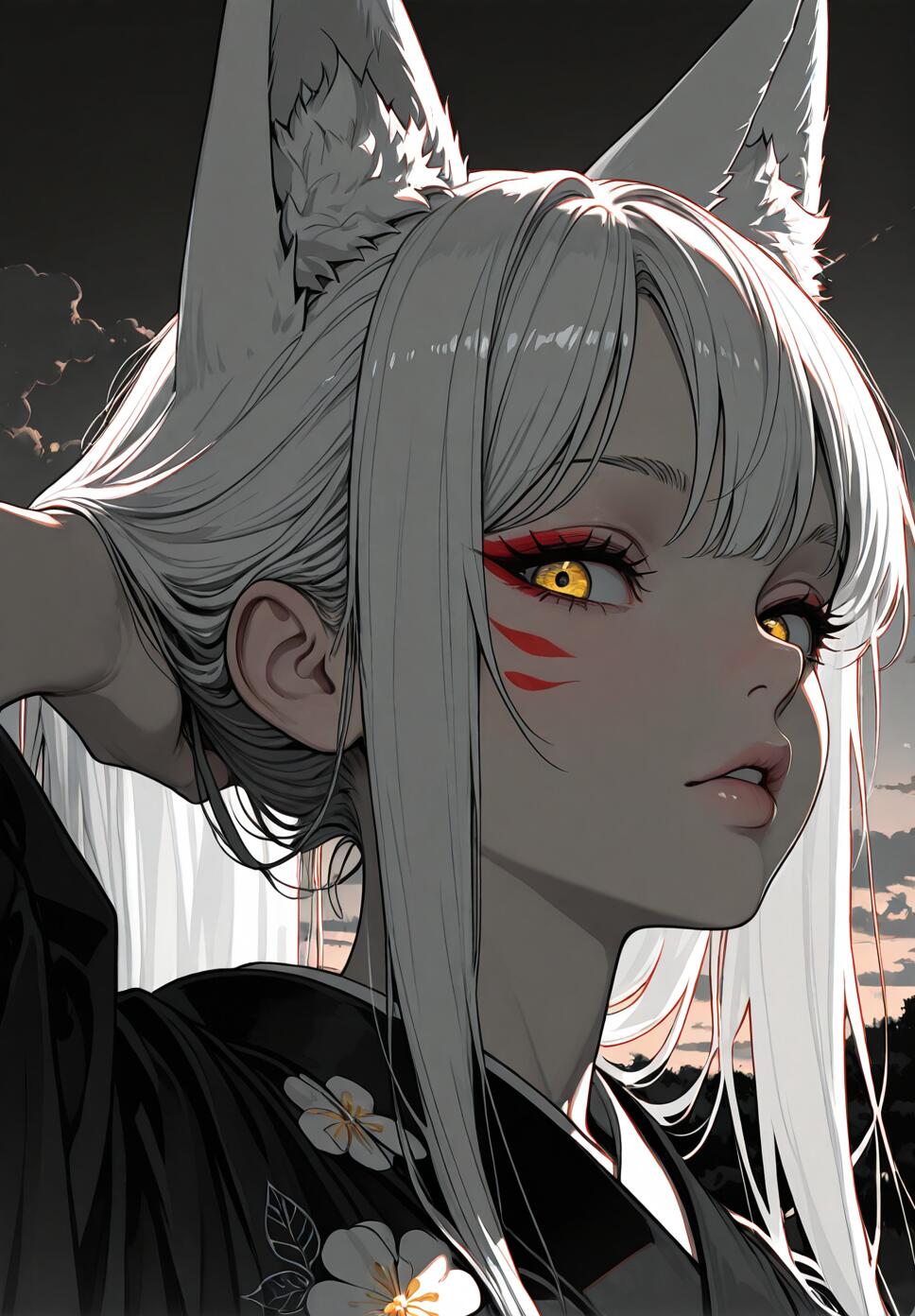 A white-haired kitsune girl with fox ears and a tail, wearing a floral kimono, looking at the viewer under a cloudy sky.