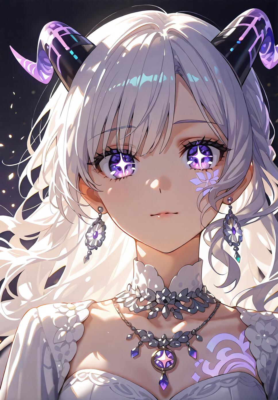 Portrait of a woman with wavy white hair, glowing purple eyes, and intricate black skin patterns wearing elegant white and purple clothing.