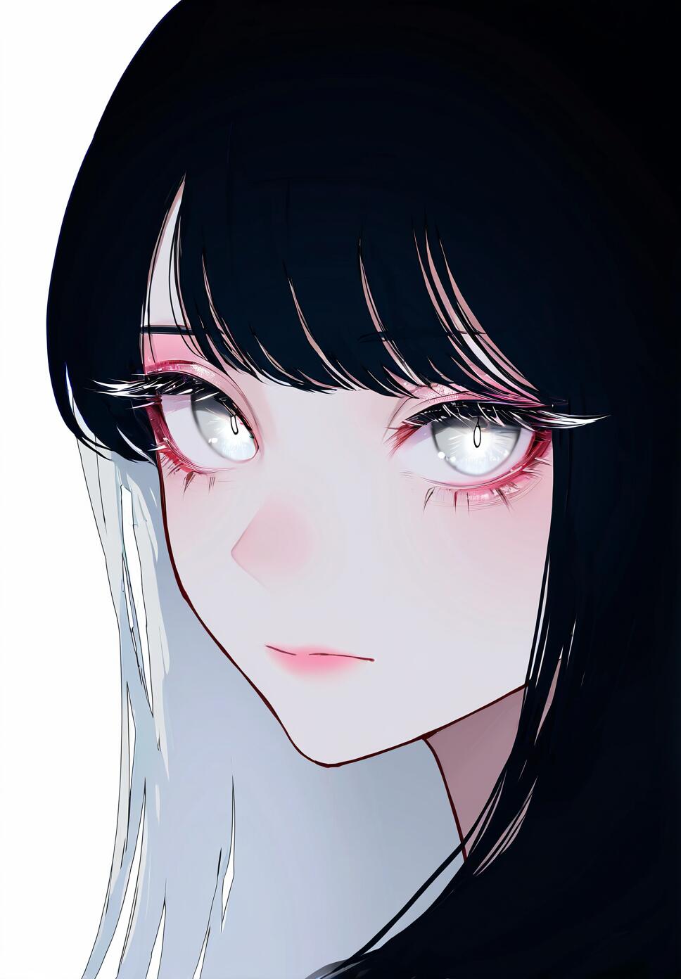 A close-up, high-quality portrait of a girl with black and white multicolored hair, grey eyes, and a calm expression against a simple white background.