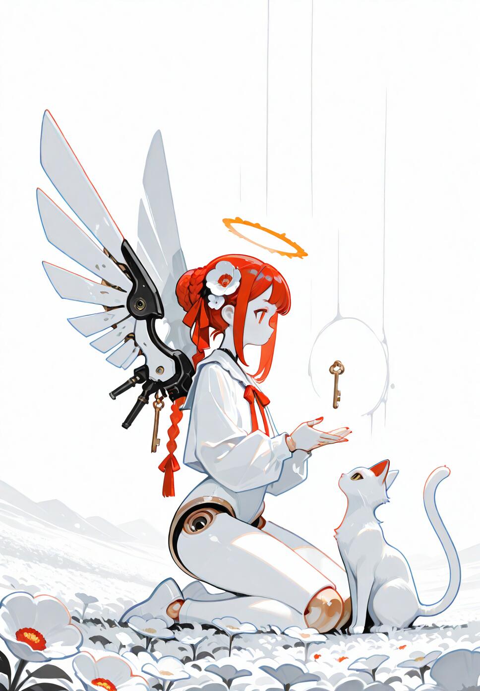 A monochrome, painterly illustration of a doll girl with white hair, mechanical wings, and an angelic cat kneeling in a poppy field.