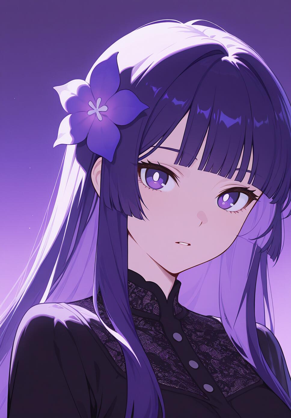 A flat vector illustration of a girl with purple hair, purple eyes, and a purple flower in her hair, wearing a black shirt.