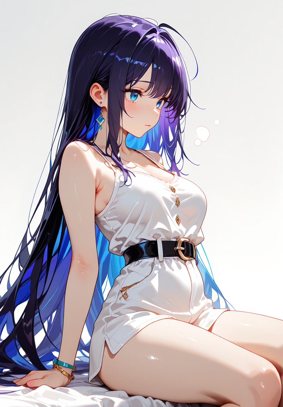 A high-resolution, detailed illustration of a person with very long flowing hair and a casual outfit, surrounded by glowing particle effects against a simple, clean background.