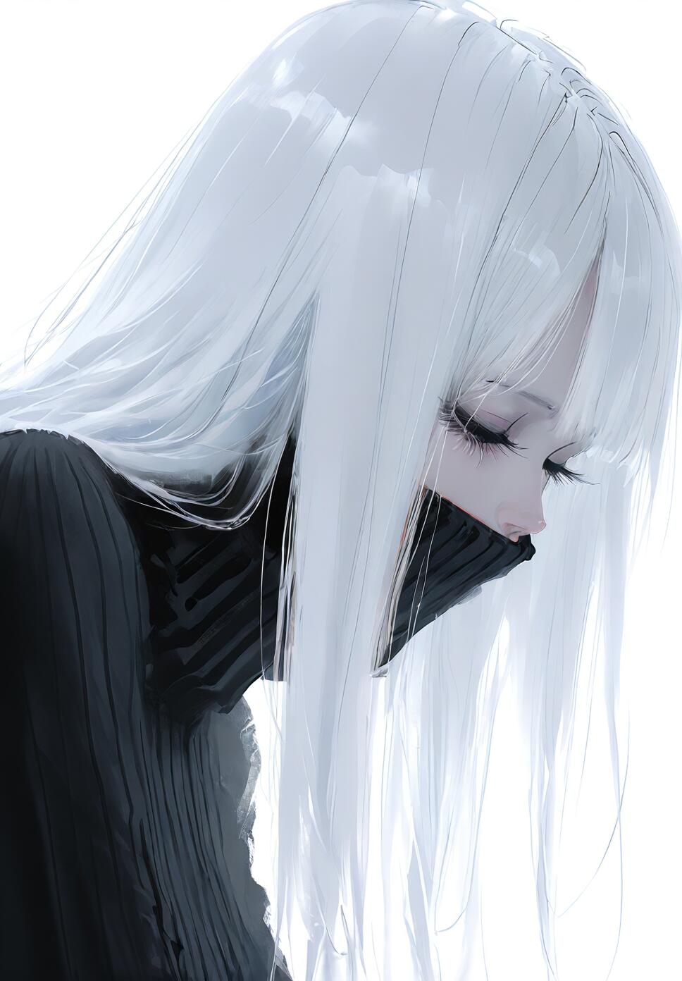 A close-up portrait of a girl with long white hair and black eyes wearing a black turtleneck sweater against a plain white background.