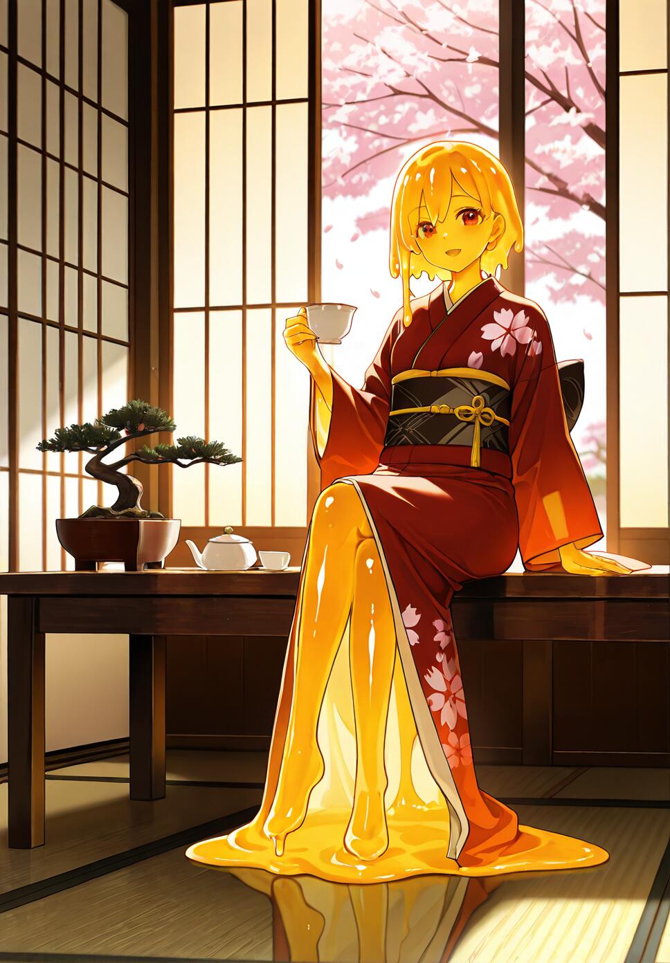 A translucent girl made of clear slime wearing a kimono, sitting on a tatami floor with a tea set and falling cherry blossoms.