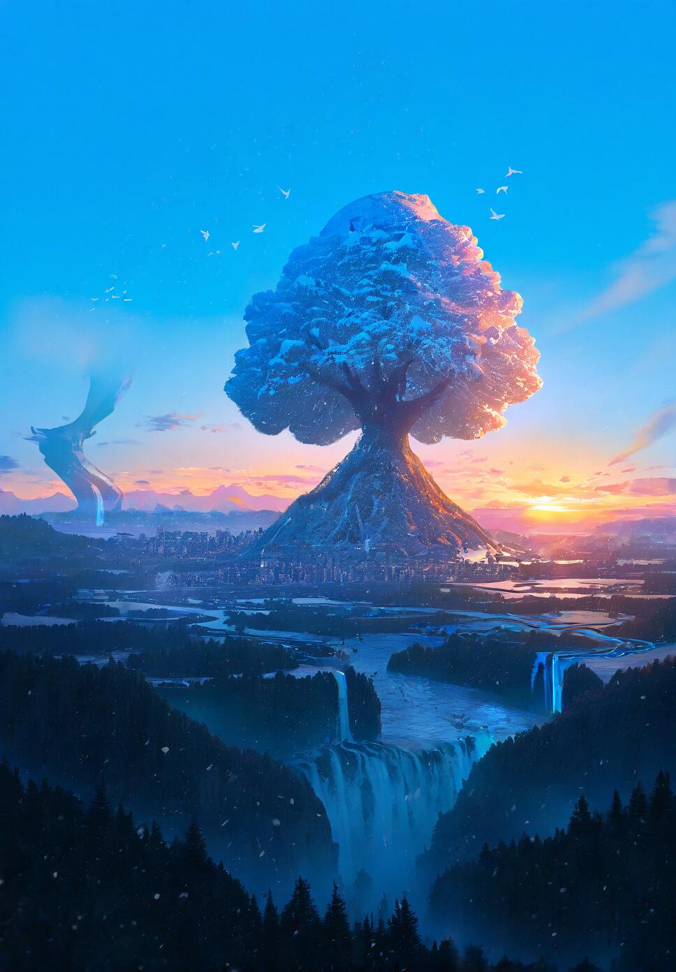 A surreal winter landscape featuring a giant tree, a snowy cityscape, a waterfall, and a sunrise over a peaceful river.