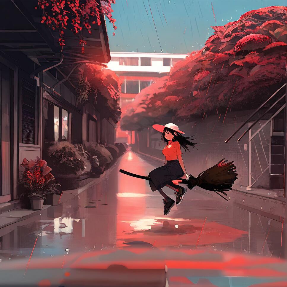 An anime-style girl with long black hair riding a broom through a rainy blue sky featuring flowers, buildings, and a red-themed atmosphere.