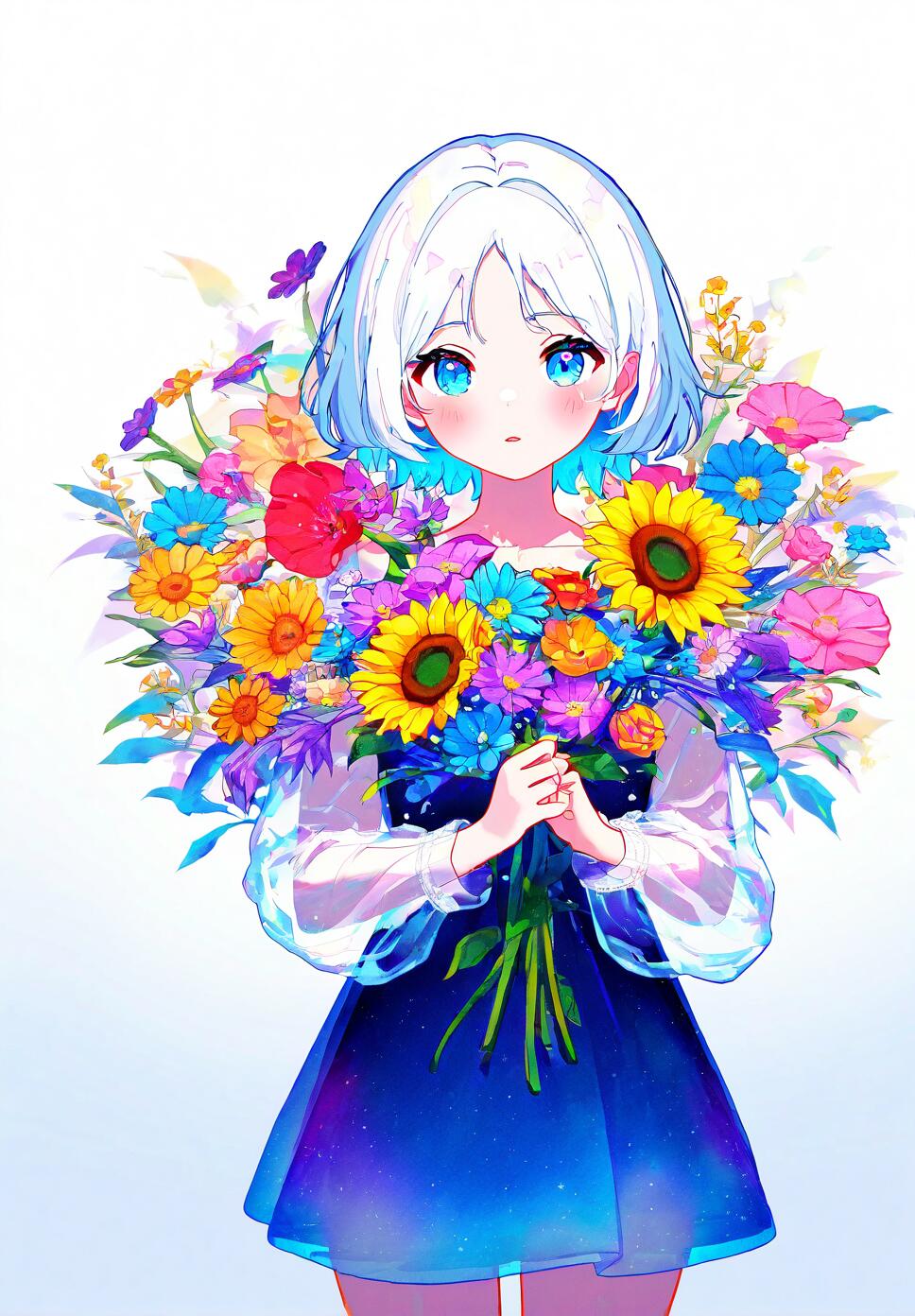 A watercolor illustration of a girl with white hair and blue eyes surrounded by a colorful variety of flowers like sunflowers and daisies.