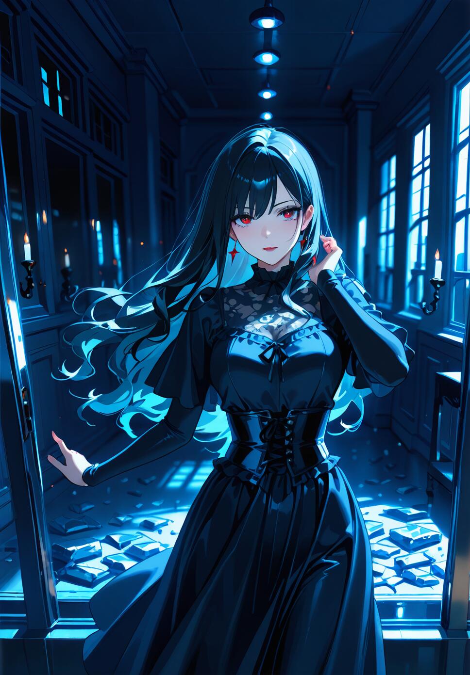 A gothic girl with black wavy hair and red lipstick gazing into a broken mirror shard that reflects war and destruction in a dark, candlelit room.