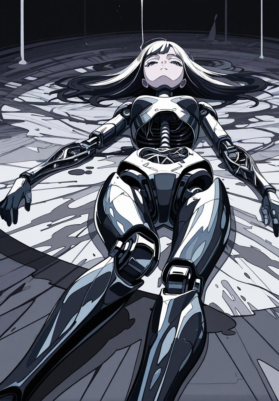 An abstract illustration of a heavily damaged robot girl with severed limbs and exposed mechanical parts lying in a dark, abandoned room.