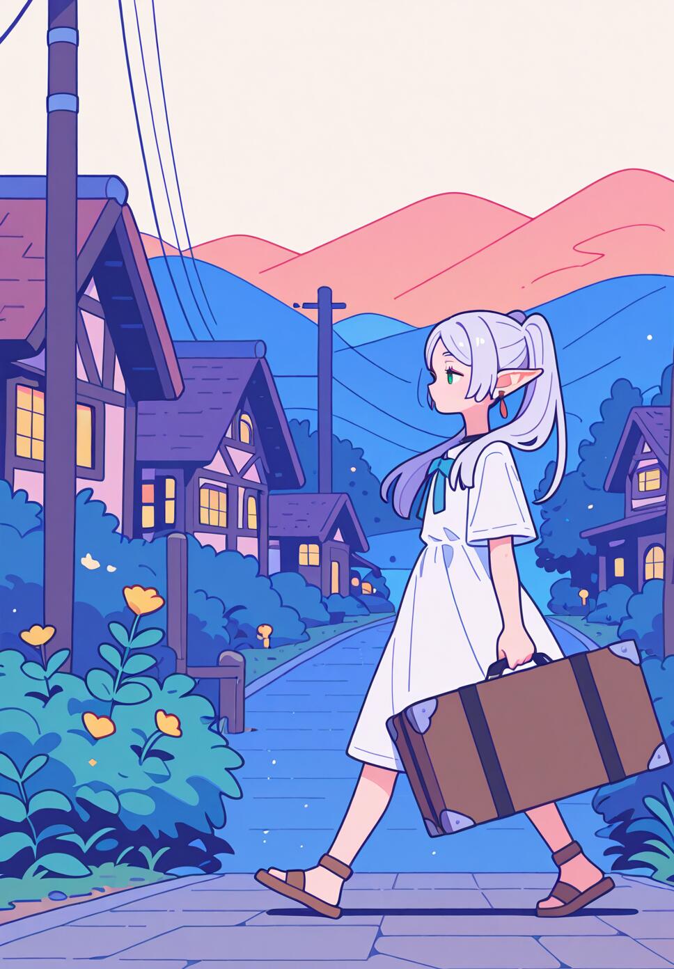 A flat vector illustration of the elf Frieren from Frieren: Beyond Journey's End walking through a scenic summer village.