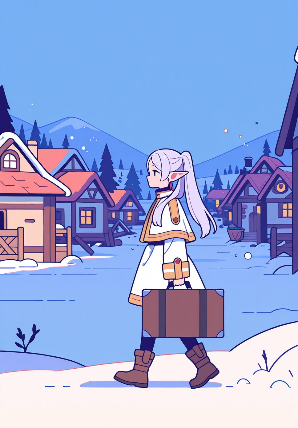 Flat vector illustration of the character Frieren from Frieren: Beyond Journey's End walking through a snowy woodland village.