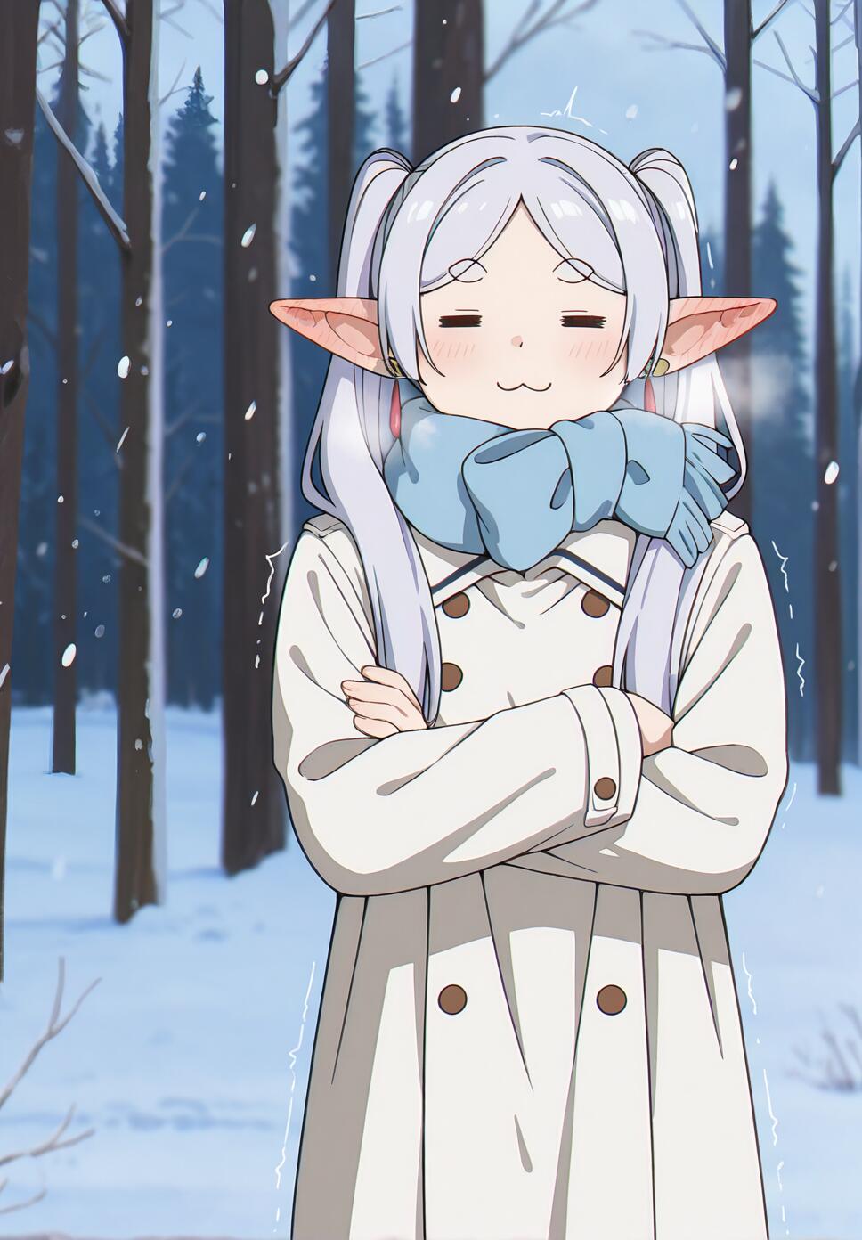 Frieren from Sousou no Frieren wearing a white coat and blue scarf, shivering in a snowy forest during a blizzard.