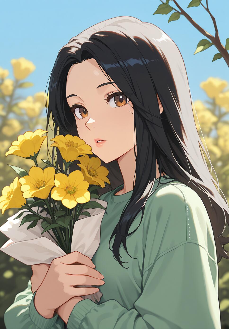 Flat vector illustration of a girl with long black hair holding yellow flowers under a blue sky.