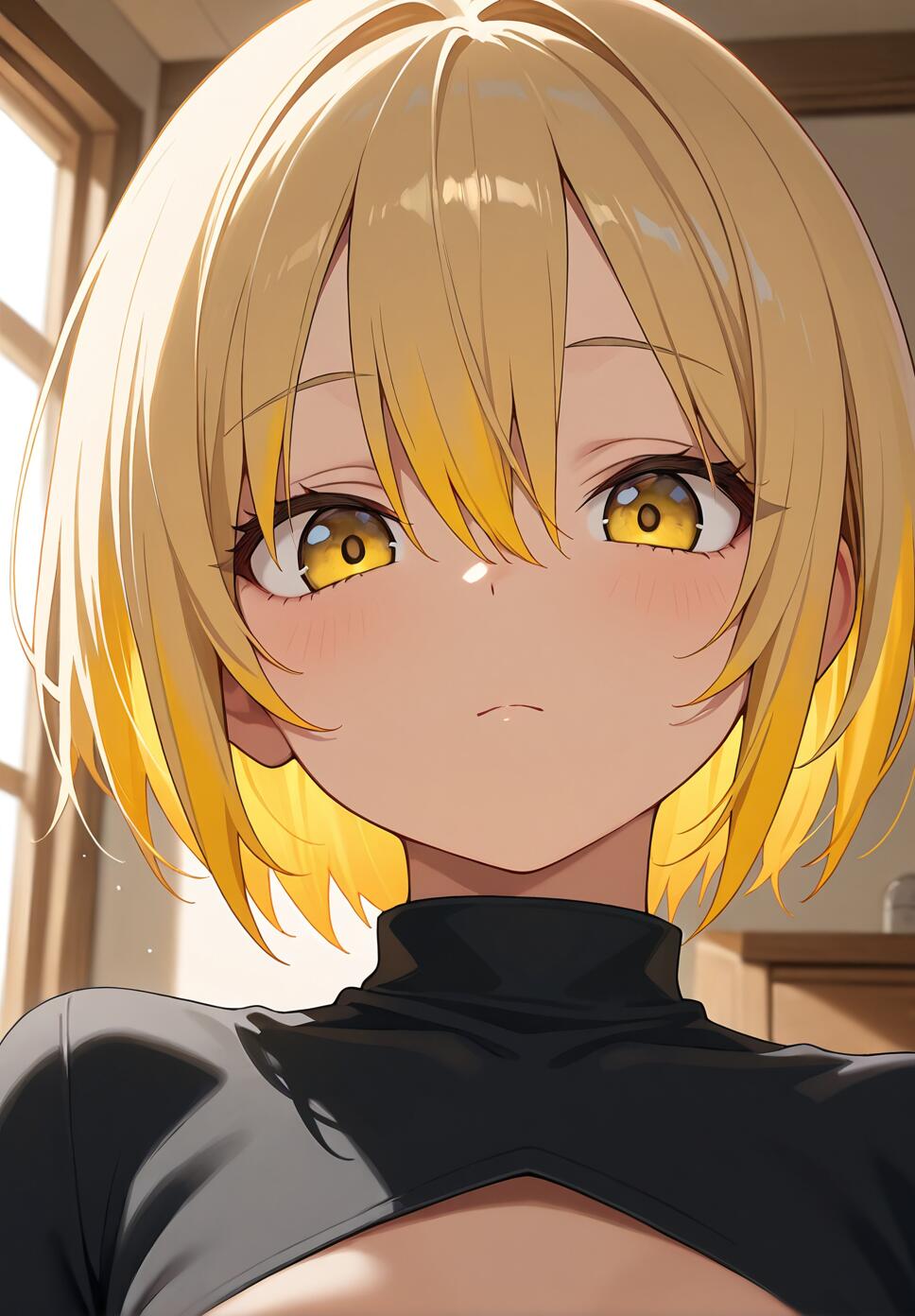 A portrait of a girl with short blonde and multicolored hair and bright yellow eyes looking at the viewer indoors.
