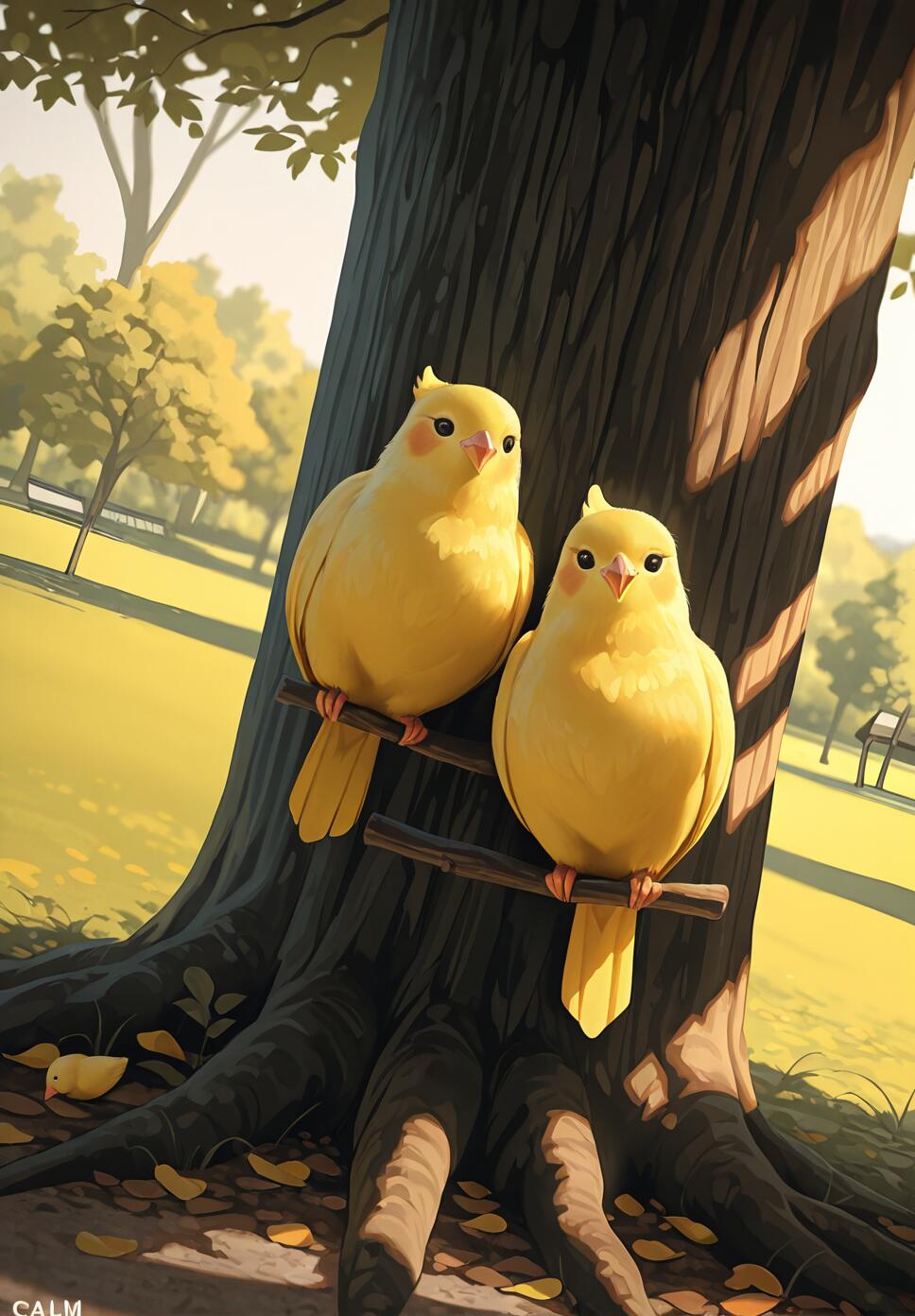 A group of cute black and orange kittens playing near a sleeping mother cat under a tree in a park with blue and yellow birds during sunset.