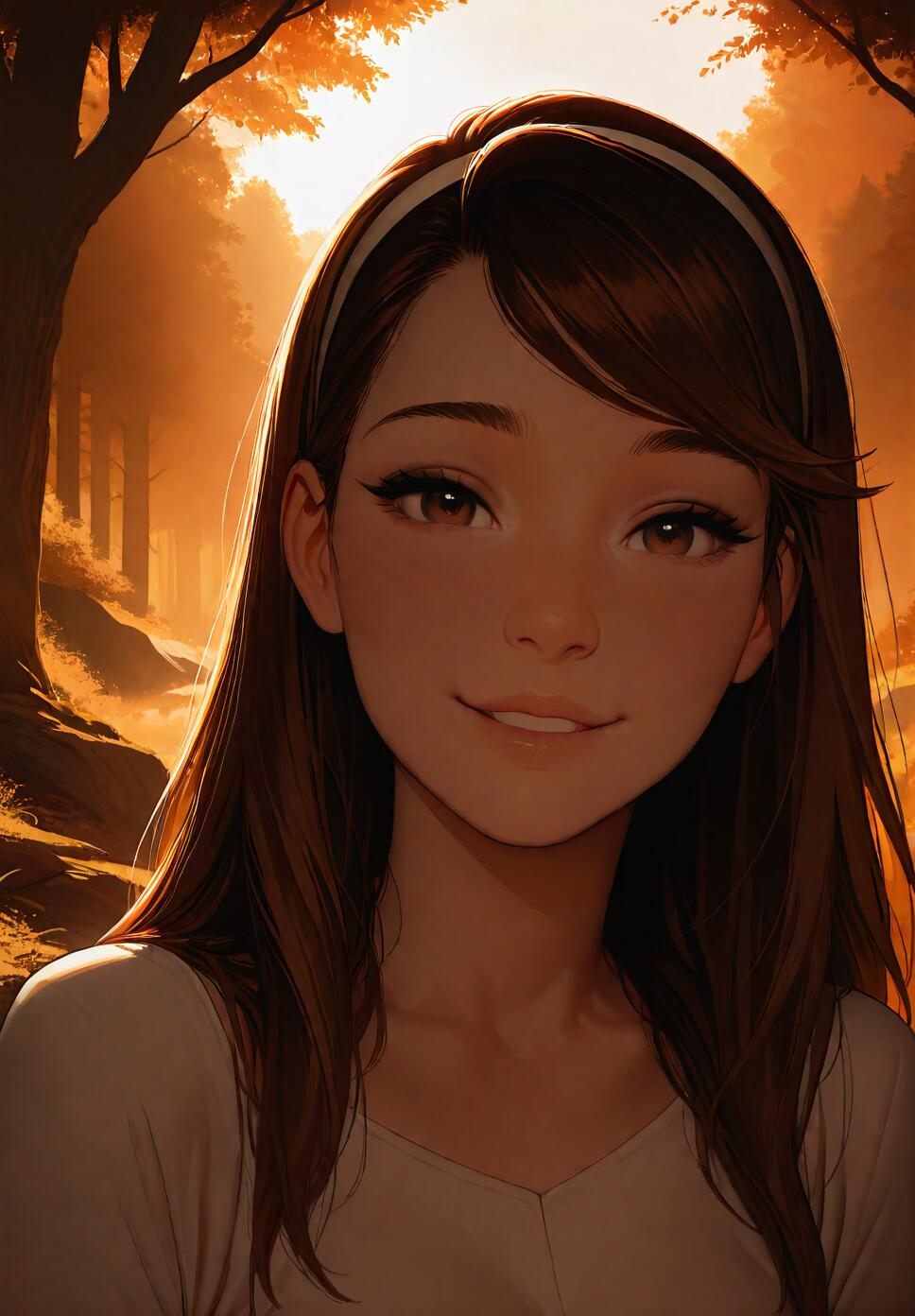 A smiling brunette girl with long hair and a hairband standing in a sunlit forest valley during golden hour.