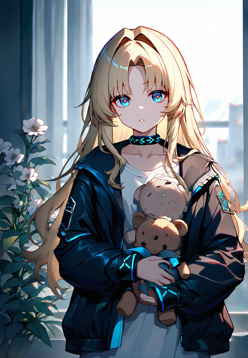 A beautiful blonde girl with blue eyes and a black jacket holding a teddy bear and a grey flower in bright cinematic lighting.