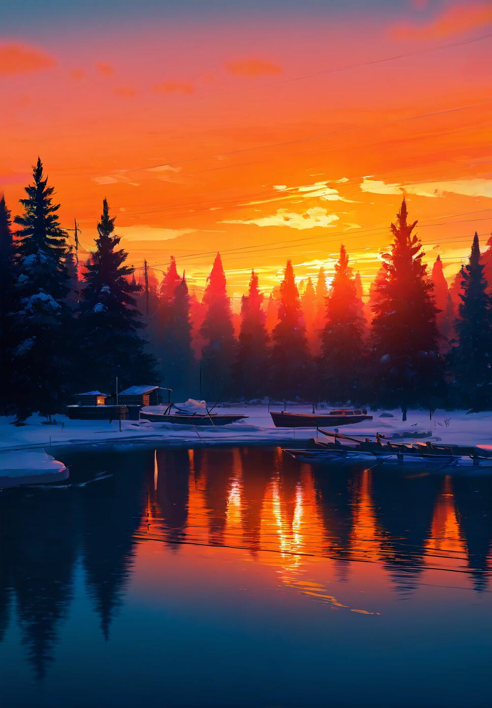 Retro art style illustration of a snowy landscape at sunset with an orange sky, a house, pine trees, and a reflective lake.