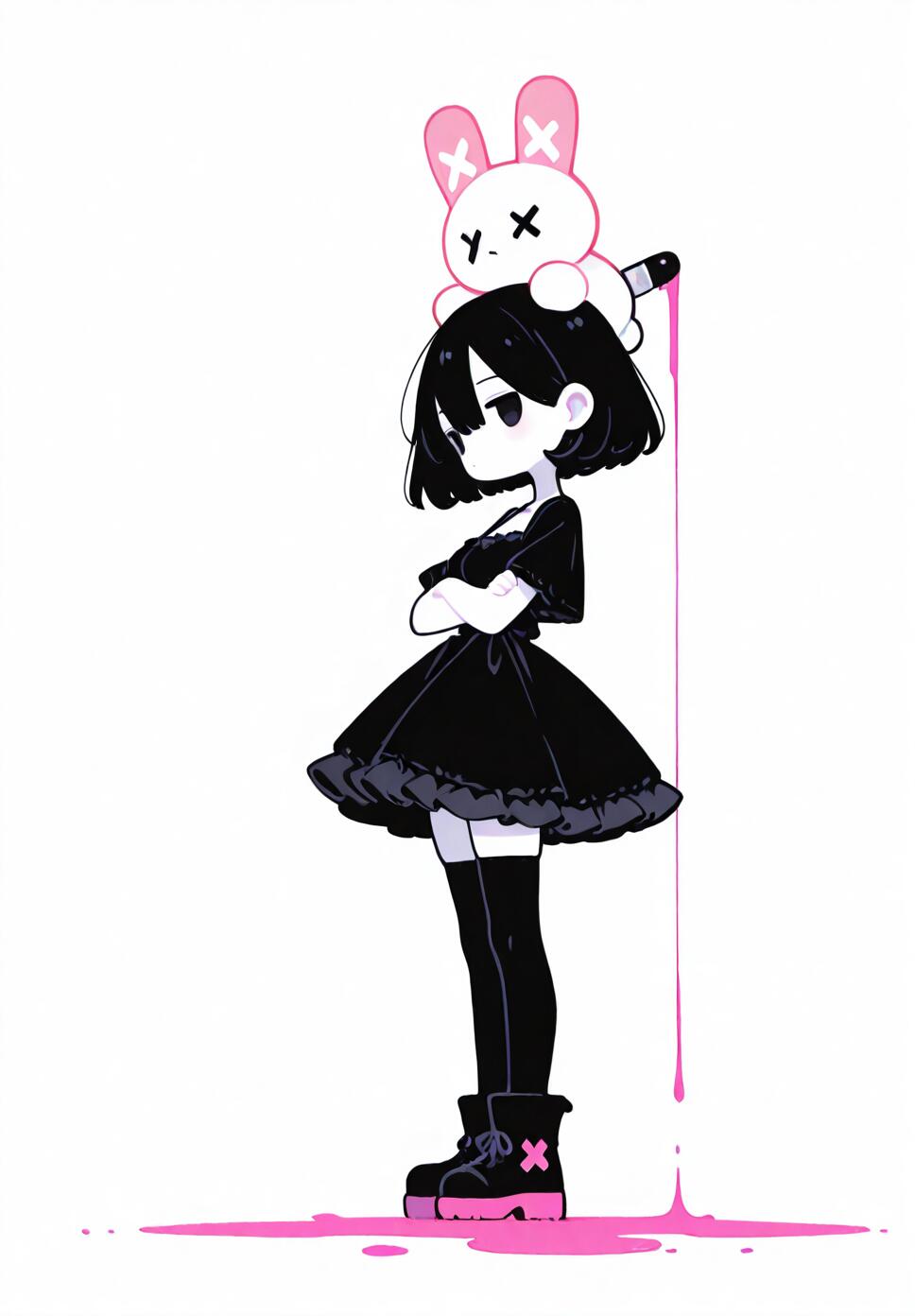 A minimalist monochrome illustration of an expressionless girl in gothic frilled clothing standing near a stuffed animal with a knife in its head and a pink blood puddle.