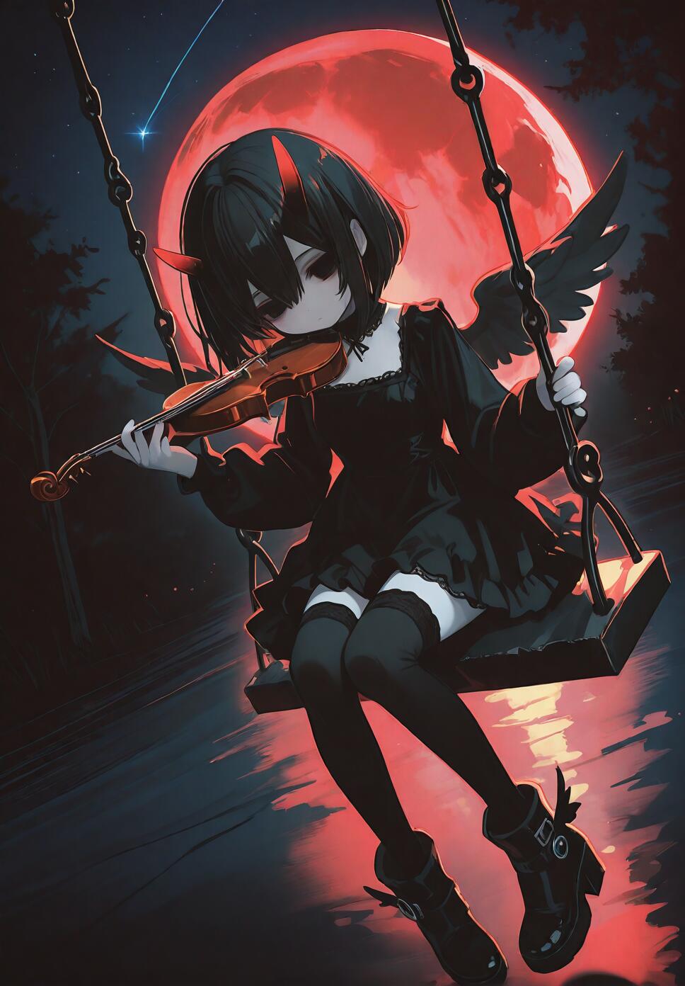 A gothic girl with black hair, horns, and feathered wings playing the violin on a swing under a red crescent moon and a starry night sky.