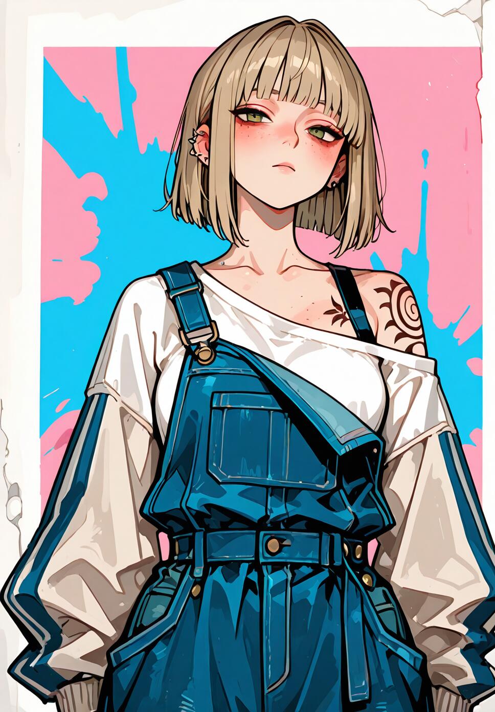 Himiko Toga from My Hero Academia wearing baggy single-strap overalls, featuring shoulder tattoos, piercings, and freckles.