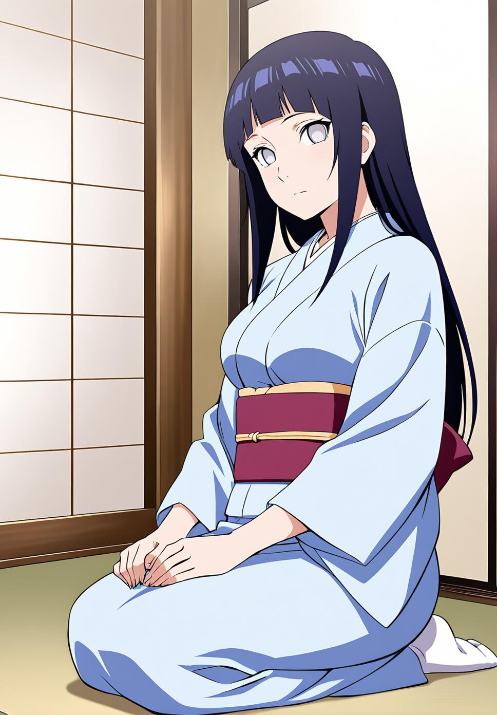 Hinata Hyuga from Naruto wearing a traditional Japanese kimono, sitting in a seiza pose in a classic Japanese room.