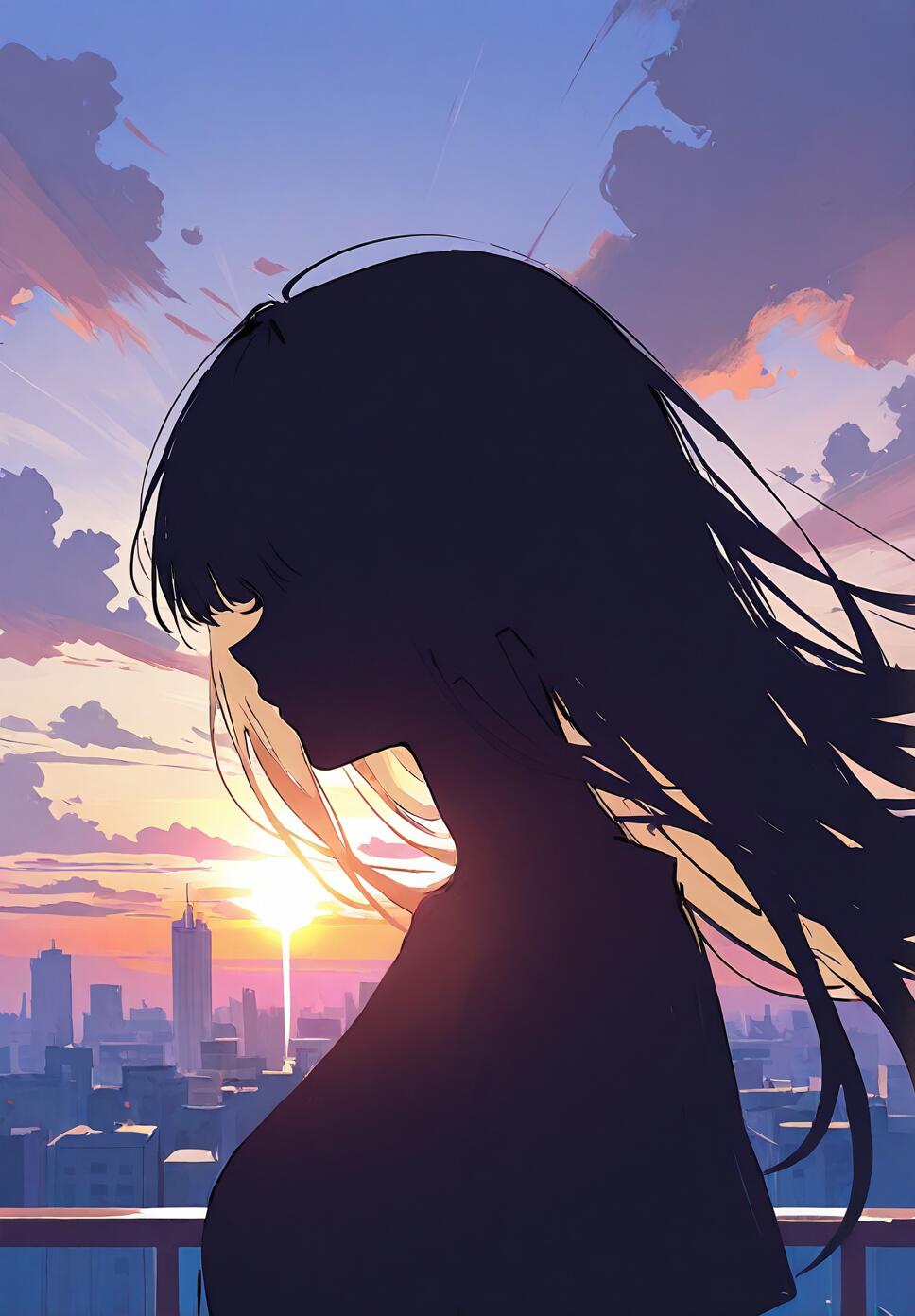 A silhouette sketch of Hirayama Kanna from Blue Period against a sunset city skyline with sunbeams.