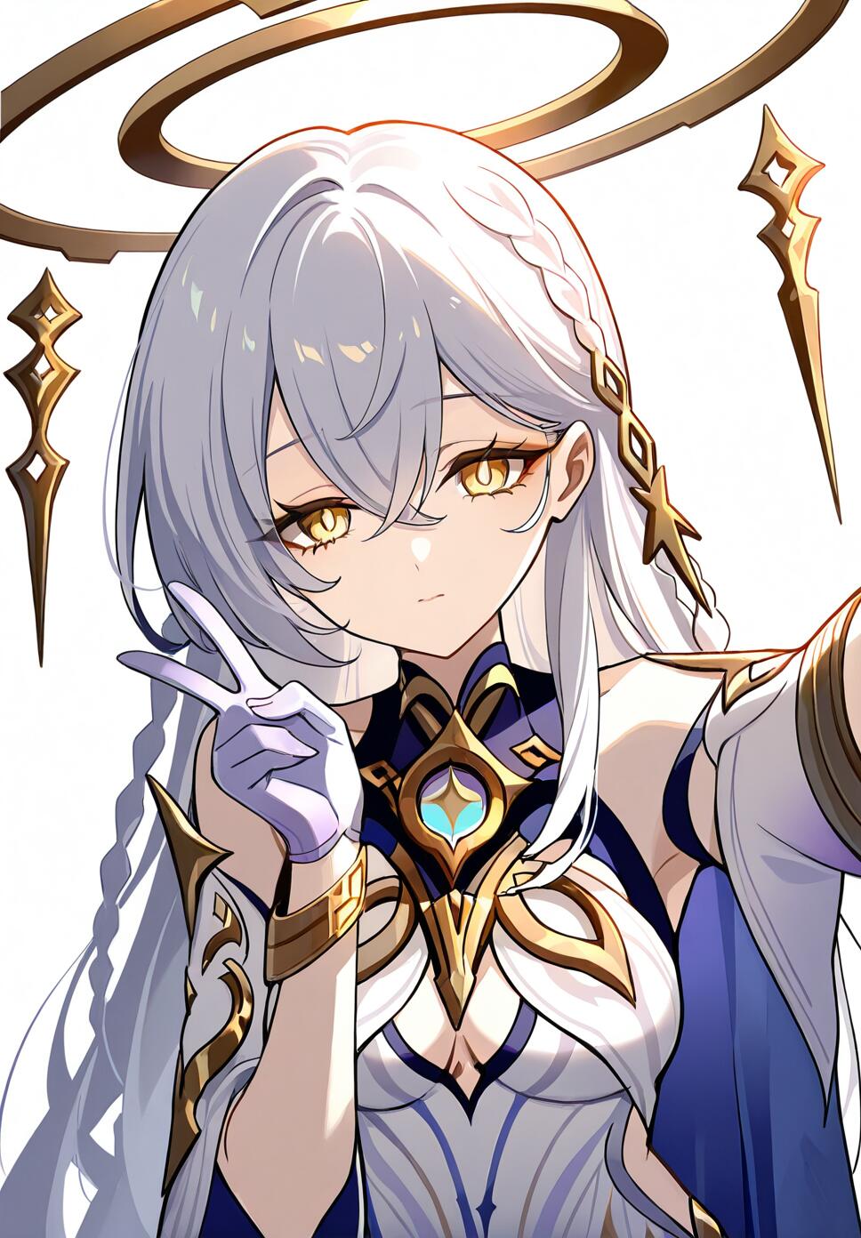 A celestial portrait of Istaroth from Genshin Impact, featuring long white braided hair, yellow eyes, a halo, and an elegant white dress against a white background.