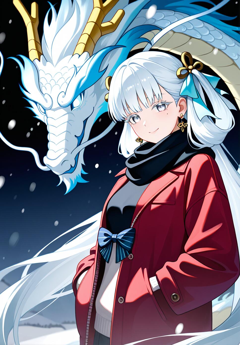 Jinhsi from Wuthering Waves standing in the snow with the dragon Jue, wearing a red jacket and white hair ornaments.