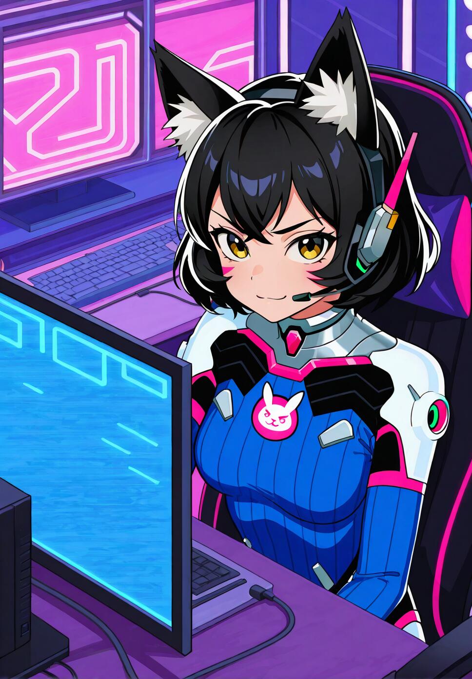 A minimalist illustration of Kali Belladonna from RWBY sitting in a gaming chair with a headset, surrounded by neon lights and geometric shapes.