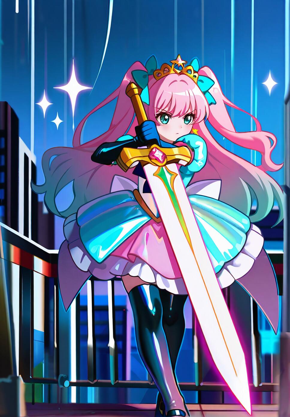 A magical girl with pink and aqua gradient hair in a fighting stance holding a large energy sword in a rainy city at night.