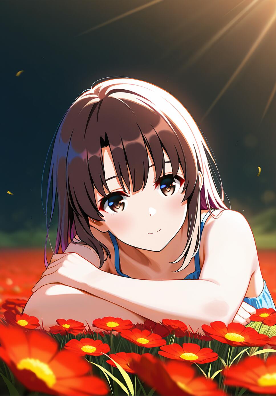 Katou Megumi from Saenai Heroine no Sodatekata wearing a blue sundress in a sunlit meadow with poppies and dandelions.