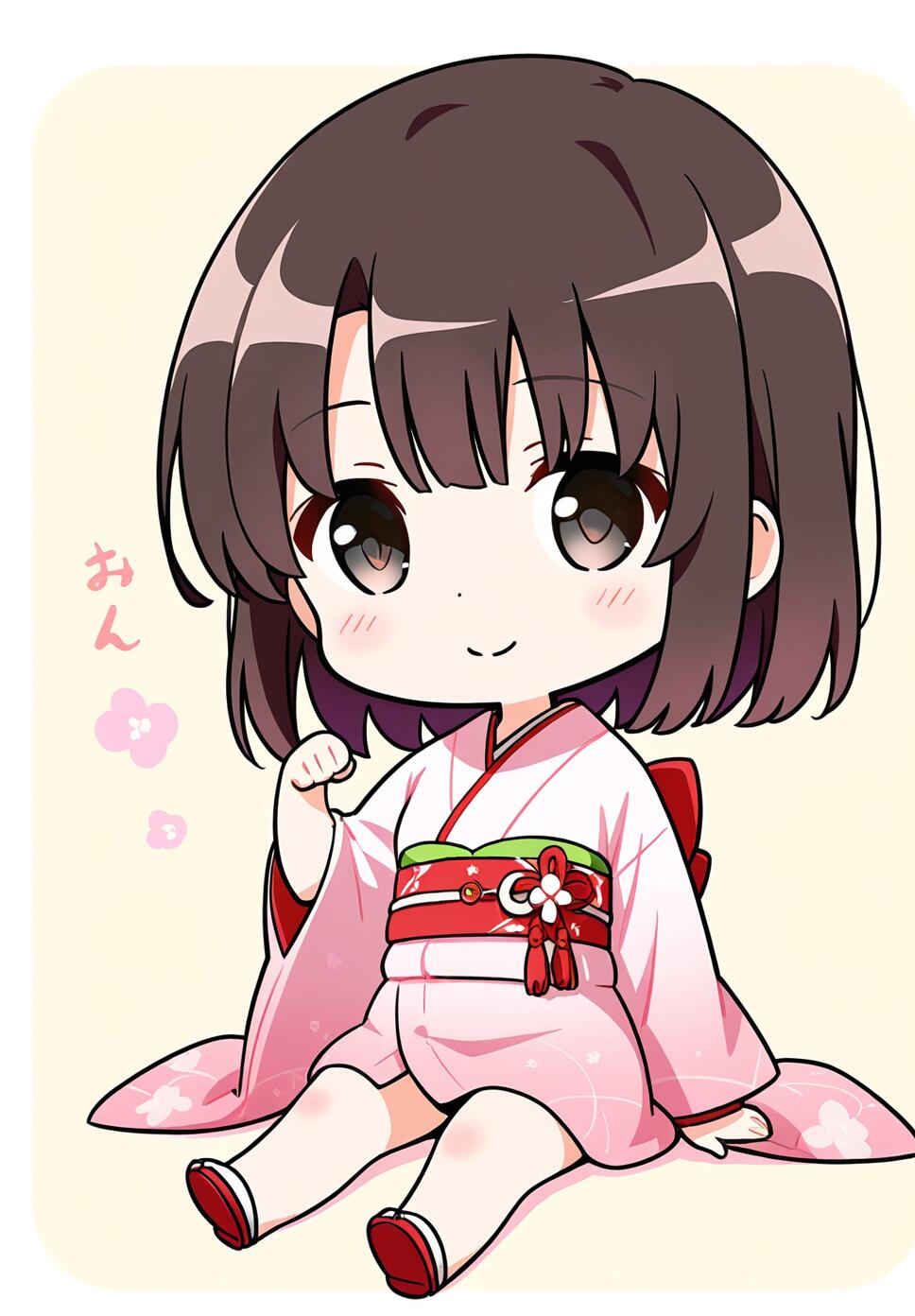 Chibi illustration of Katou Megumi from Saenai Heroine no Sodatekata sitting in a cute kimono with a smile.