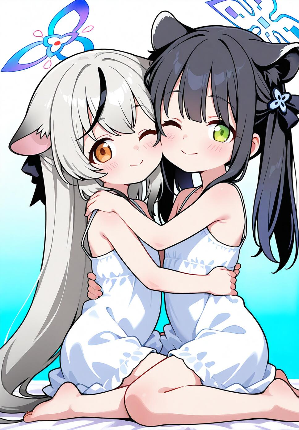 Kokona and Shun (Small) from Blue Archive sitting together in white dresses with tiger ears and a light blue background.