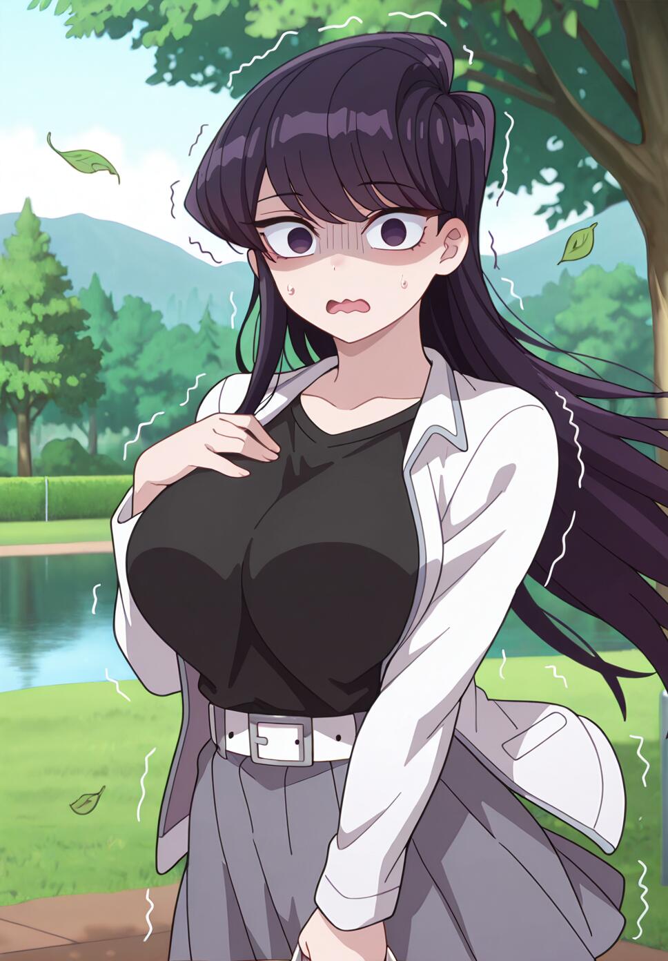 Komi Shouko from Komi Can't Communicate looking surprised in a park with a lake and falling leaves