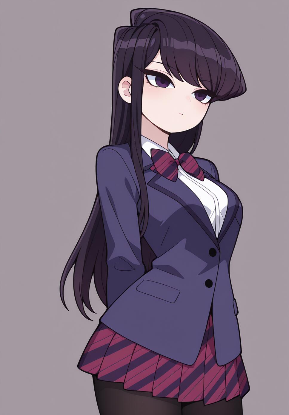 Komi Shouko from Komi Can't Communicate wearing a blue school blazer, striped skirt, and black pantyhose.