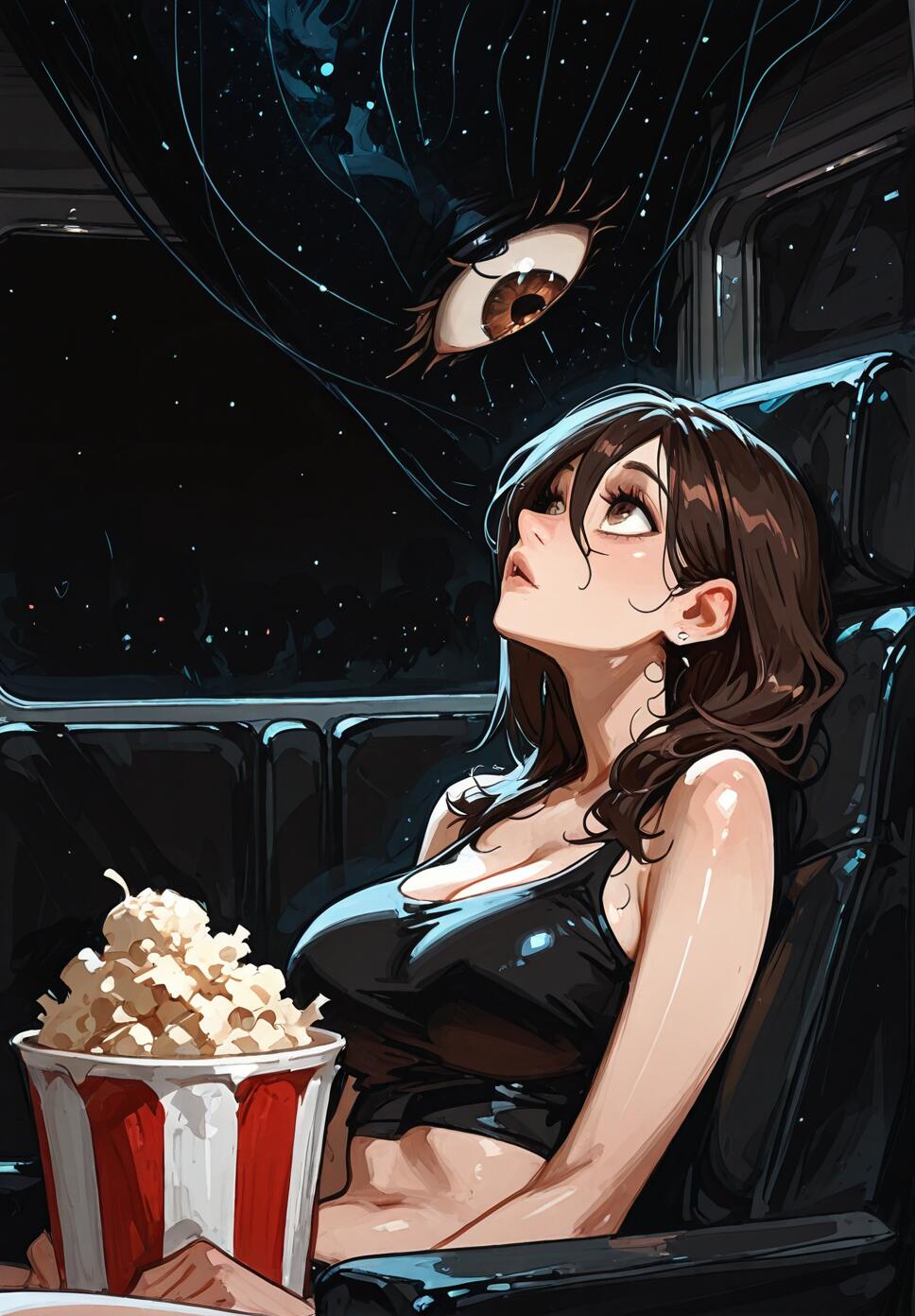 A young woman with wide, reflective brown eyes looking up in awe at a movie screen in a dark cinema, holding a popcorn bucket.