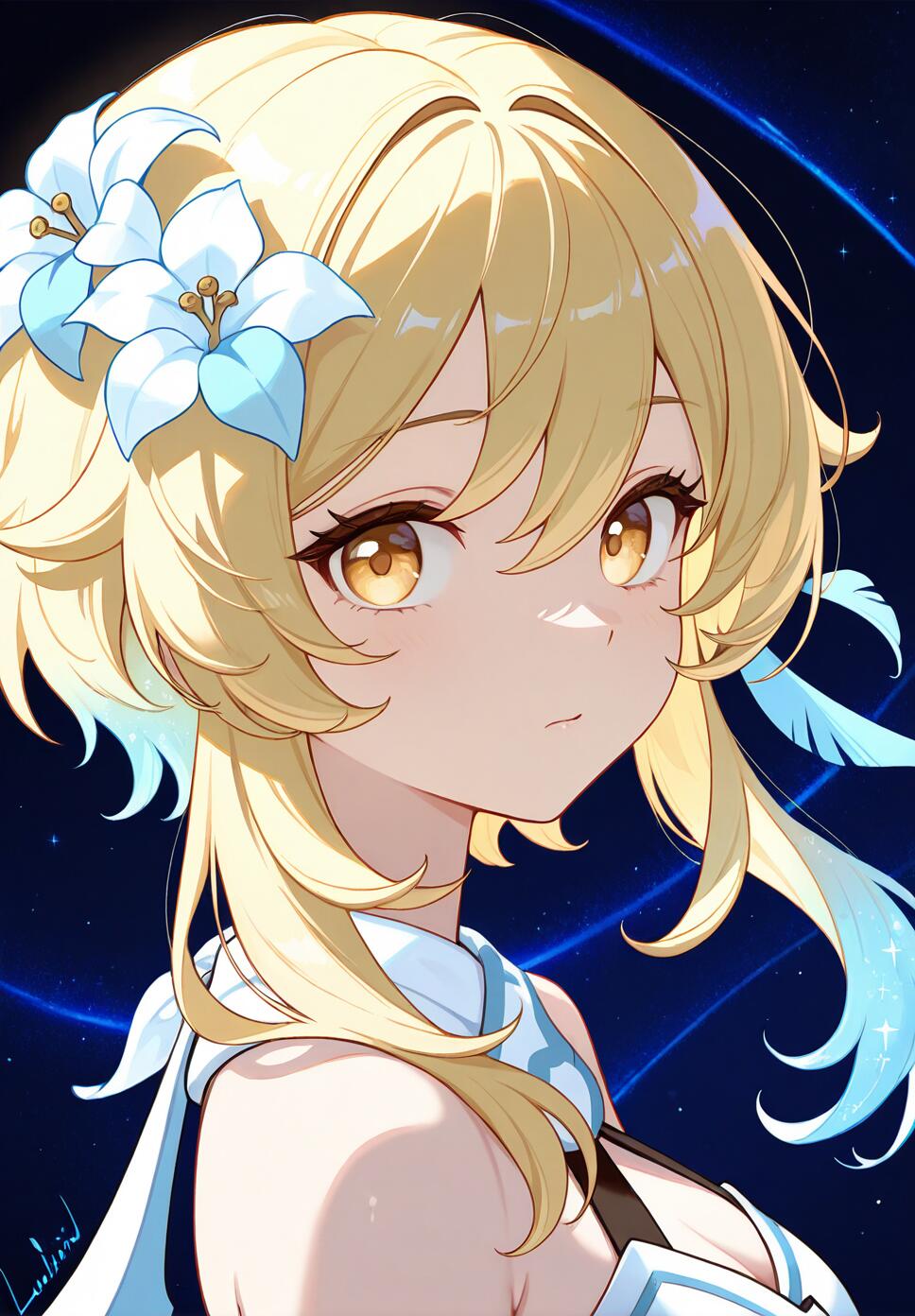 A vibrant watercolor illustration of Lumine from Genshin Impact, featuring a kaleidoscope of colors, glittering hair, and luminous starlit paths.