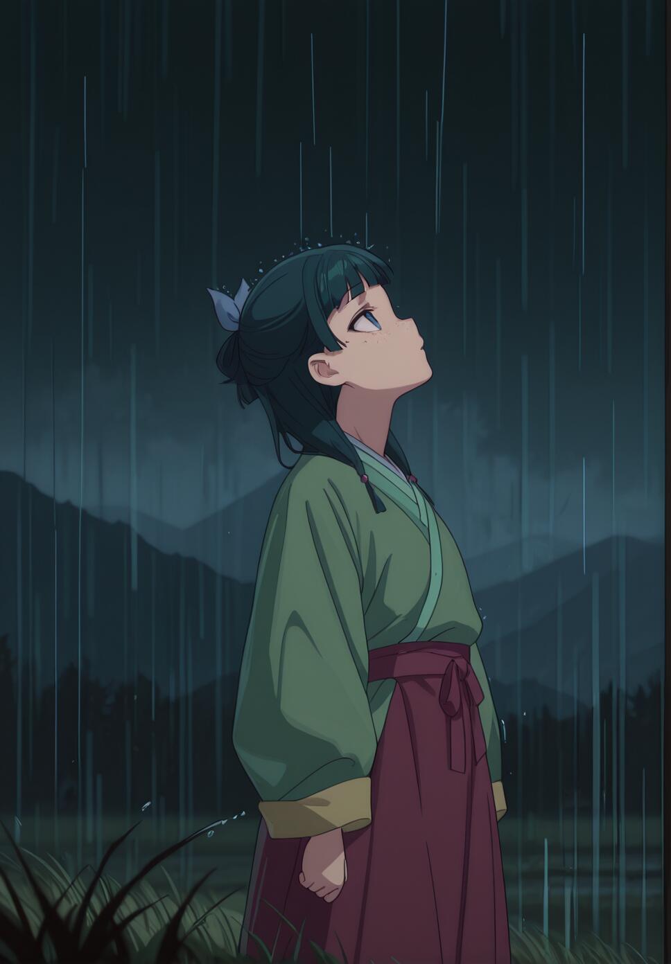 Maomao from The Apothecary Diaries looking up in a rainy, foggy mountain landscape at night, wearing a green kimono and blue ribbon.