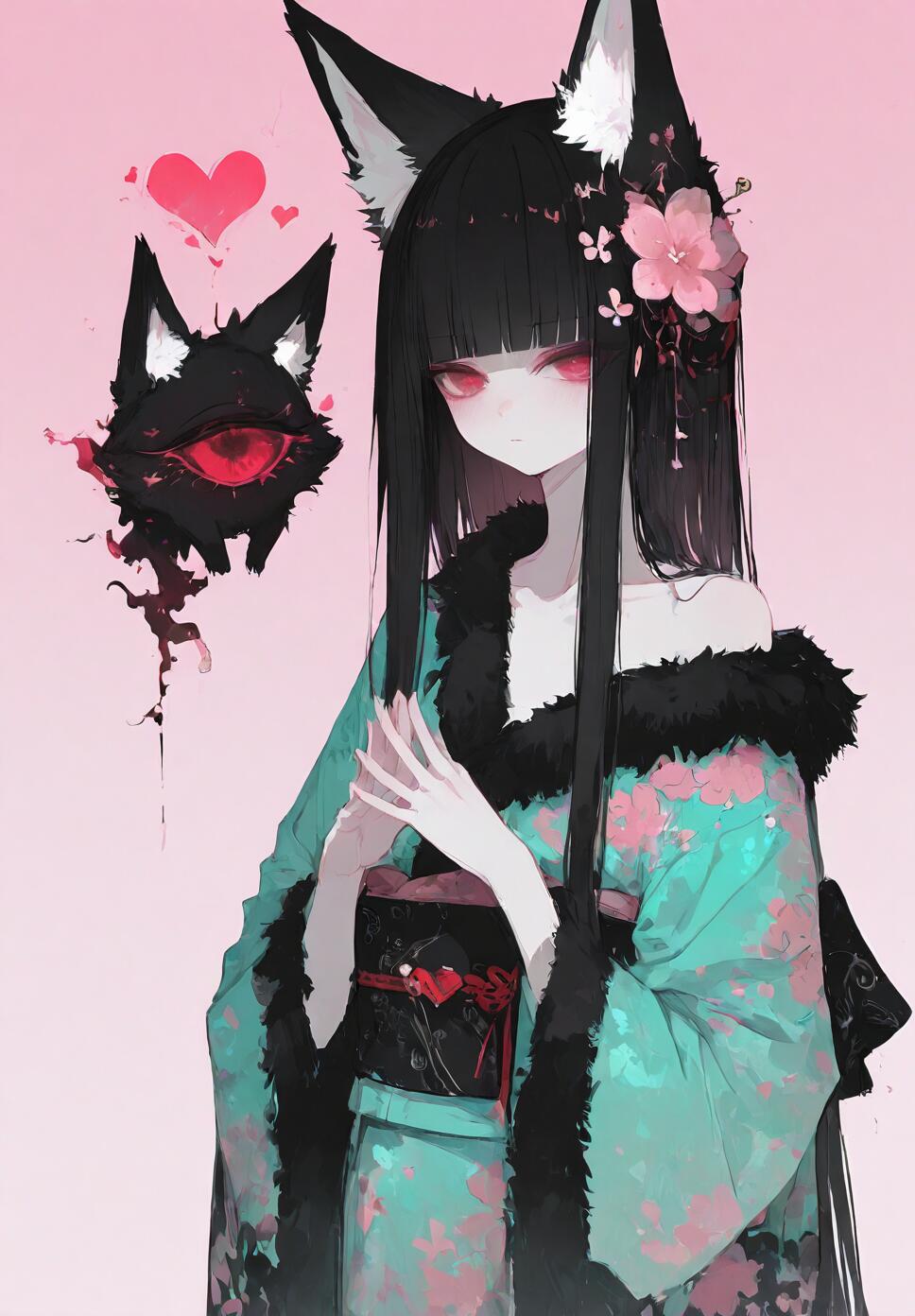 An elegant fox girl with long black hair and red eyes, wearing an off-shoulder aqua-green floral kimono with fur trim and fox ears.