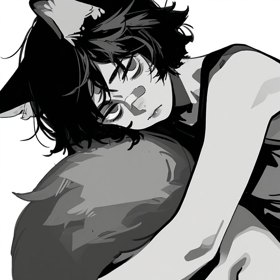 Greyscale sketch of a depressed fox girl with short black hair, fox ears, and a tail, hugging her tail.