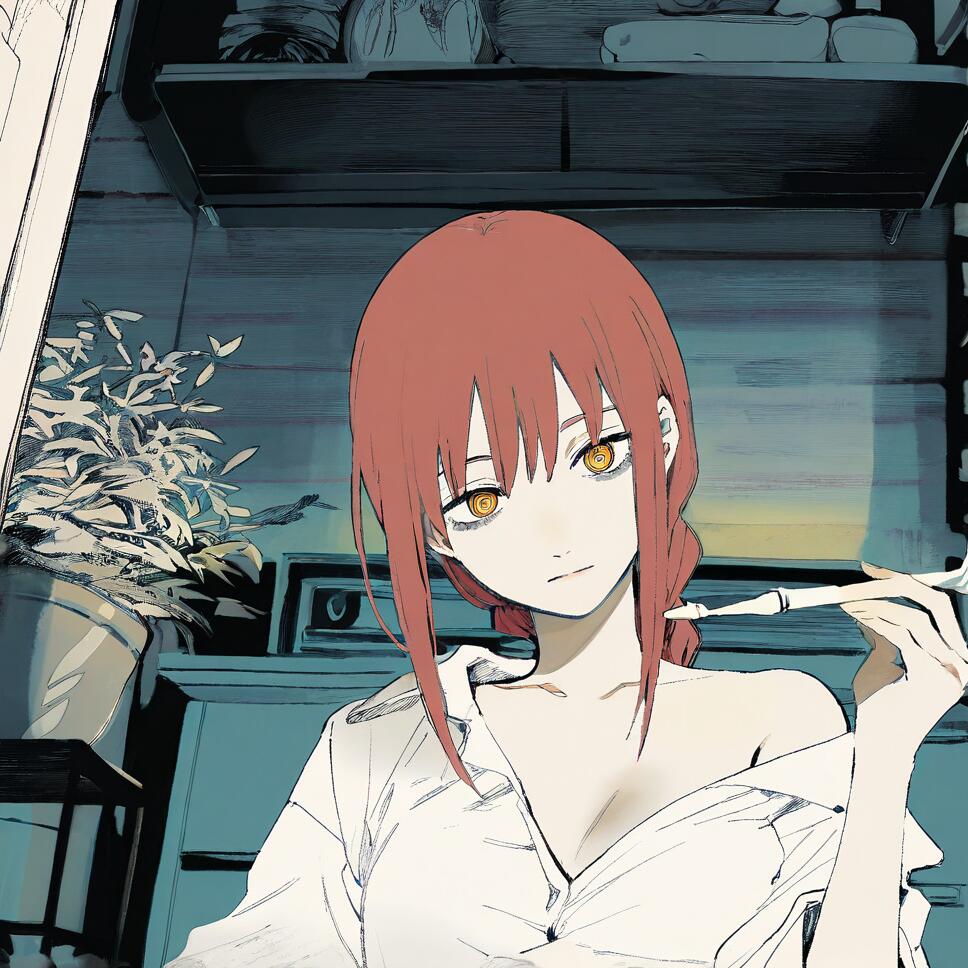 A textured, partially colored sketch of Makima from Chainsaw Man holding a smoking pipe with an expressionless face.