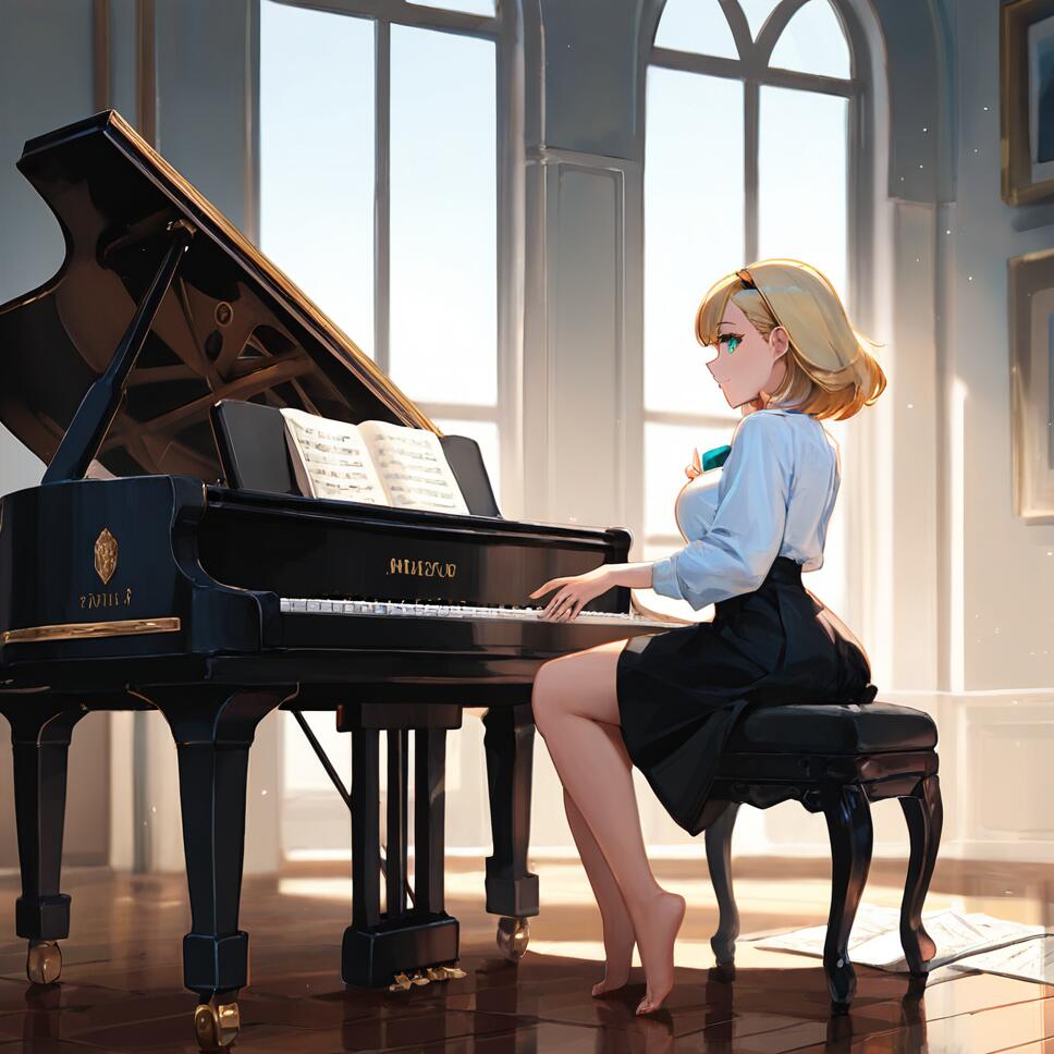 A blonde girl with green eyes wearing a white blouse and black skirt sitting at a grand piano in a sunlit room.